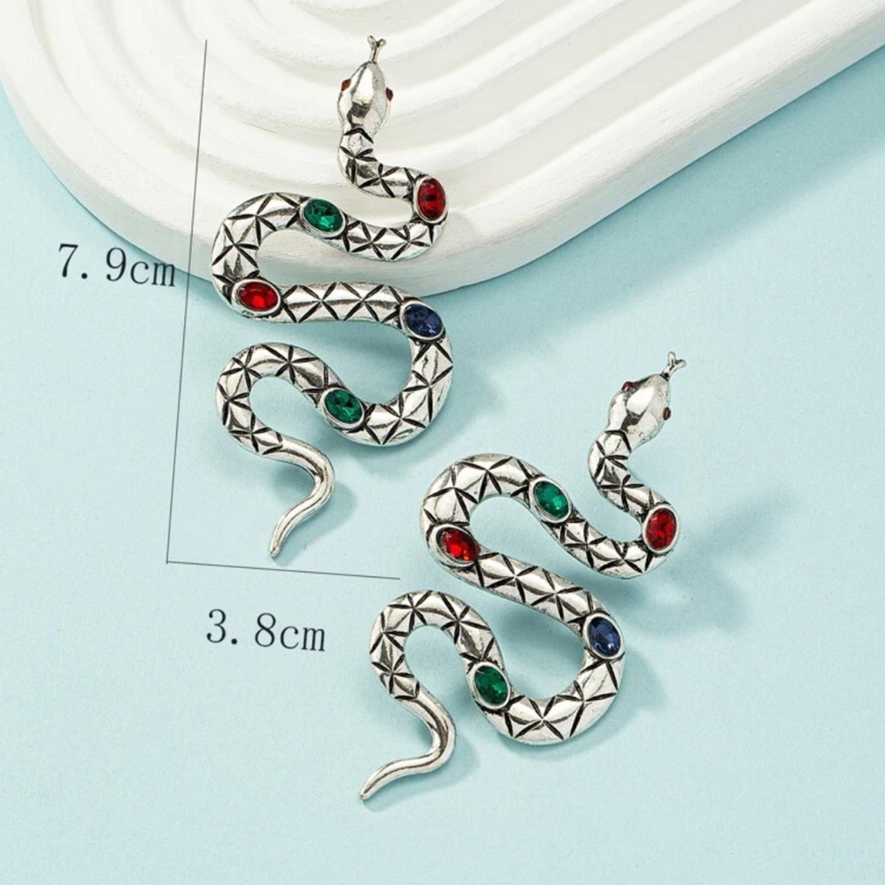 π Awesome Large Metallic Jeweled Serpent Snake Stud Earrings π - Picture 3 of 4